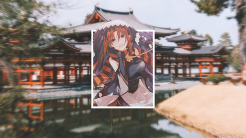 Anime Girl Portrait with Traditional Japanese Temple Background PC Wallpaper