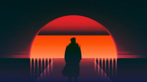 Minimalist Retro Synthwave Silhouette Standing Before a Glowing Sunset PC Wallpaper