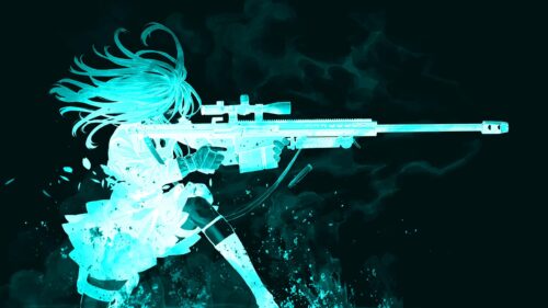 Neon Anime Girl Sniper with Glowing Blue Aura PC Wallpaper