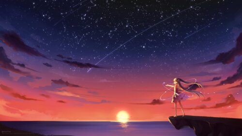 Anime Girl Stargazing at Sunset Over Ocean Desktop Wallpaper