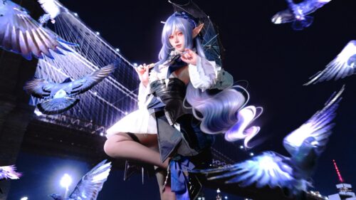 Stunning Elf Cosplay Girl with Birds at Night PC Wallpaper