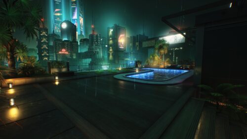 Rainy Cyberpunk Rooftop Pool City View 4K PC Wallpaper