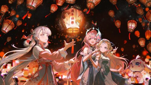 Anime Girls Celebrating with Floating Sky Lanterns 4K Desktop Wallpaper