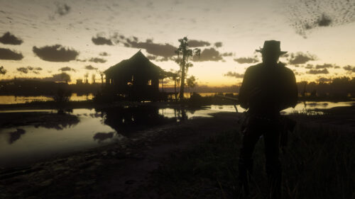 Arthur Morgan at Sunset in Bayou Swamp Red Dead Redemption 2 PC Wallpaper