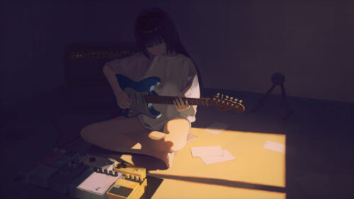 Anime Girl Playing Electric Guitar in Dimly Lit Room 4K PC Wallpaper