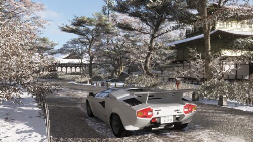 White Lamborghini Countach in Snowy Japanese Garden PC Wallpaper