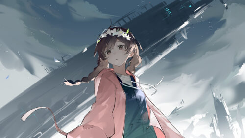 Anime Girl with Flower Crown Under Futuristic Sky Desktop Wallpaper
