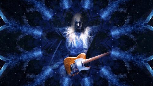 Mystical Guitarist Silhouette with Blue Kaleidoscope Effects 4K Wallpaper