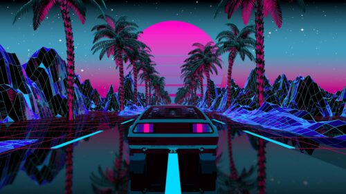 Retro Synthwave DeLorean Driving Into Neon Sunset PC Wallpaper