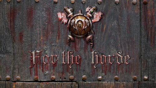 World of Warcraft For The Horde Emblem on Dark Wood Background 4K Wallpaper