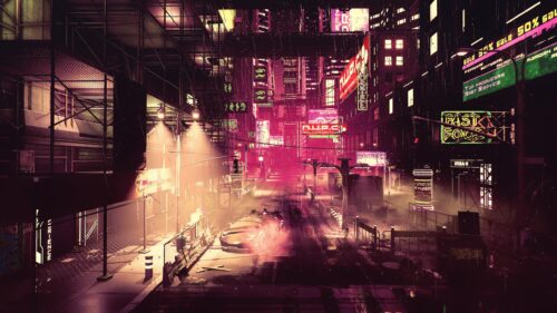 Futuristic Cyberpunk City Street at Night with Sports Car 4K Wallpaper