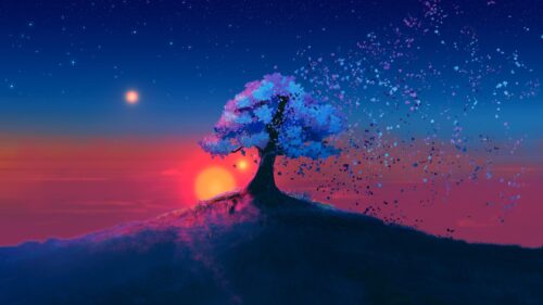 Ethereal Blue Cherry Blossom Tree Sunset Landscape 4K Wallpaper