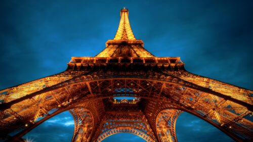 Stunning Eiffel Tower Night View Low Angle Shot 4K PC Wallpaper