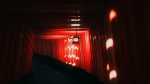 Mystical Fushimi Inari Torii Gate Tunnel at Night 4K Wallpaper