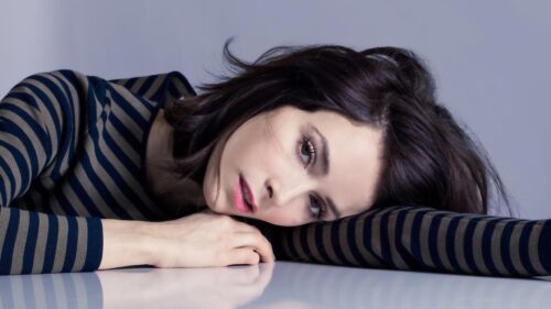 Stunning Brunette Woman in Striped Shirt Portrait PC Wallpaper