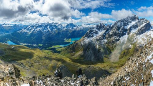 Breathtaking Alpine Mountain Peaks and Turquoise Lake Valley Desktop Wallpaper