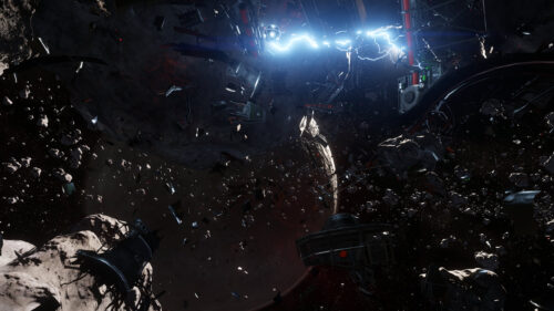 Epic Sci-Fi Space Debris and Lightning Asteroid Field 4K Wallpaper