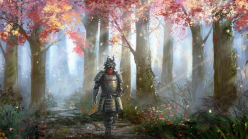 Samurai Warrior in a Serene Autumn Forest PC Wallpaper