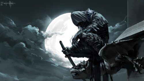 Hooded Samurai Assassin Under Full Moon Dark Art PC Wallpaper