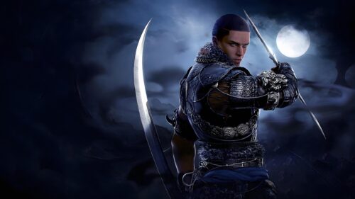 Warrior with Twin Blades Under Full Moon Fantasy PC Wallpaper