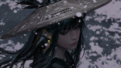 Stunning Anime Girl with Straw Hat in Winter Snowfall PC Wallpaper