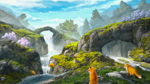 Enchanted Fox Valley Waterfall Fantasy Landscape PC Wallpaper