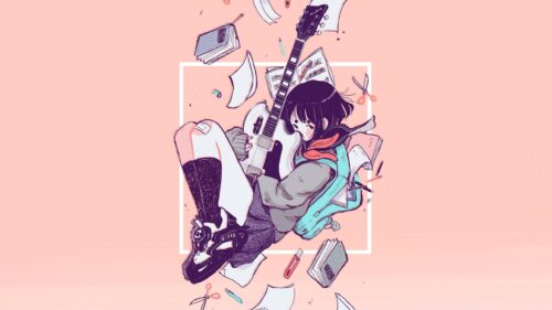 Anime Girl with Electric Guitar and Floating Stationery Aesthetic 4K Wallpaper