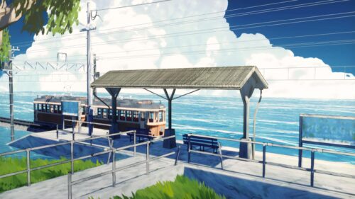 Anime Style Coastal Train Station Summer Scenic PC Wallpaper