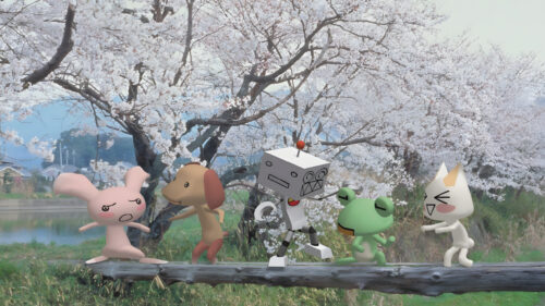 Cute Cartoon Characters and Robot Under Sakura Trees Desktop Wallpaper