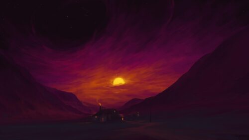 Dreamy Purple Sunset Landscape with Cozy House 4K PC Wallpaper