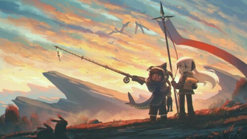 Anime Adventure Duo Fishing at Sunset Fantasy Landscape PC Wallpaper
