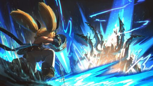 Dynamic Anime Warrior Facing Magical Blue Energy Blast PC Wallpaper