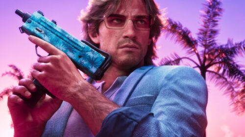 Retro Synthwave Man Holding Tropical Submachine Gun 4K Wallpaper