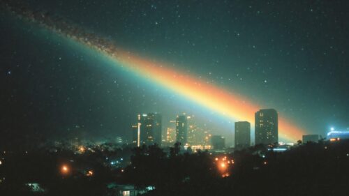 Surreal Night Cityscape with Galactic Rainbow Beam 4K Wallpaper