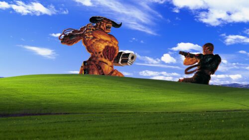 Doom Slayer Fighting Cyberdemon on Bliss Hill Desktop Wallpaper
