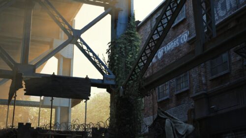 Industrial Urban Landscape with Overgrown Steel Structure PC Wallpaper