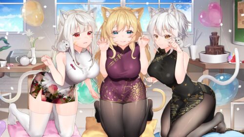 Cute Anime Cat Girls in Traditional Qipao Dresses 4K PC Wallpaper