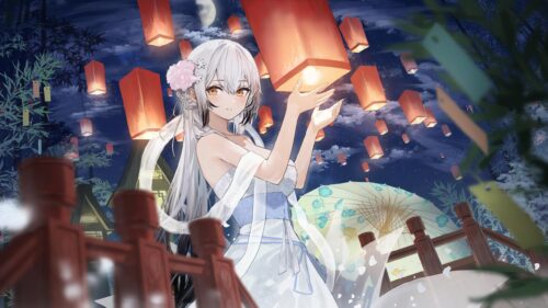 Beautiful Anime Girl Releasing Lanterns Under Moonlight PC Wallpaper