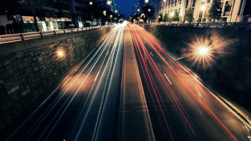 Night City Traffic Light Trails Urban Highway 4K Desktop Wallpaper