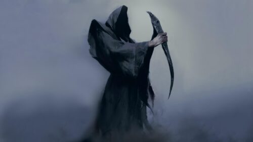 Ethereal Grim Reaper Cloaked Figure with Scythe Dark Fantasy PC Wallpaper