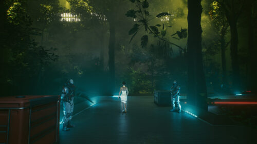 Futuristic Sci-Fi Forest Platform with Guards and Woman PC Wallpaper