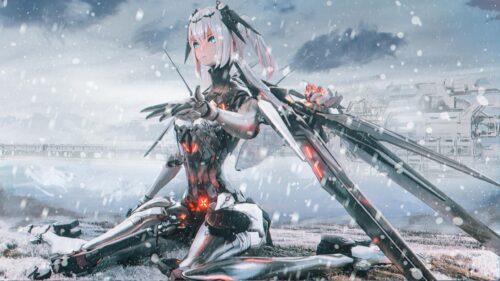 Stunning Anime Cyborg Girl in Winter Snowscape 4K PC Wallpaper