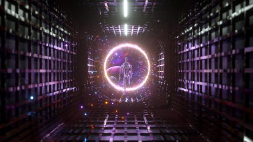 Futuristic Sci-Fi Character in Galactic Portal Tunnel 4K Wallpaper