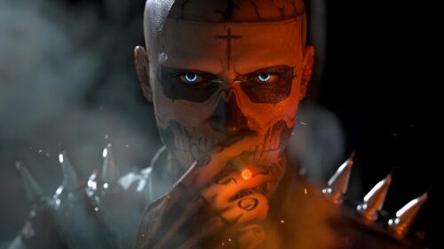 Edgy Skull Faced Man with Glowing Blue Eyes Dark Aesthetic PC Wallpaper