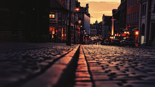 Golden Hour Cobblestone Street Old Town City Scenery 4K Wallpaper