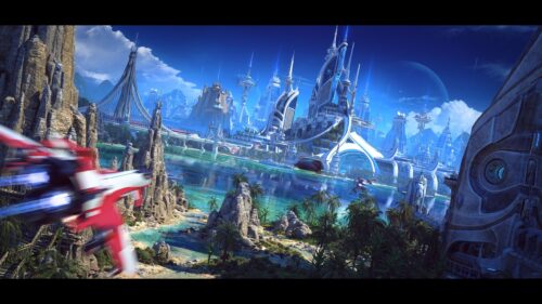 Futuristic Tropical Cityscape with Flying Spaceship PC Wallpaper