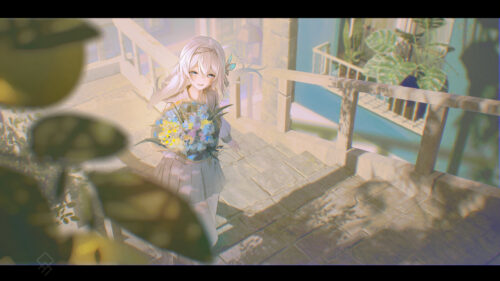 Anime Girl Holding Flowers on Sunny Staircase 4K Wallpaper