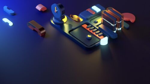 Abstract 3D Isometric UI Elements with Neon Glow Desktop Wallpaper