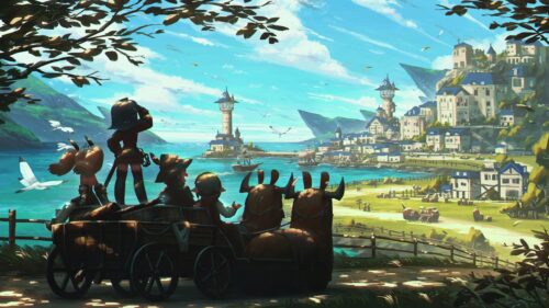 Fantasy Travelers Arriving at a Coastal Town Anime Scenery 4K Desktop Wallpaper