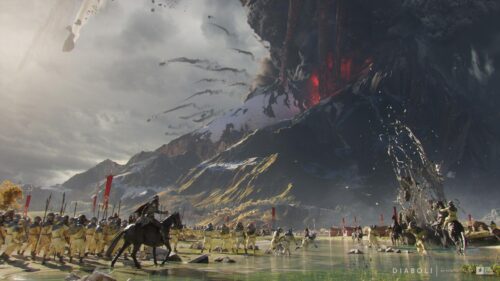 Epic Fantasy Battle Scene with Volcanic Eruption 4K Wallpaper